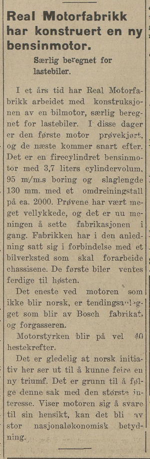 Real med ny bensinmotor for kjøretøy i 1934