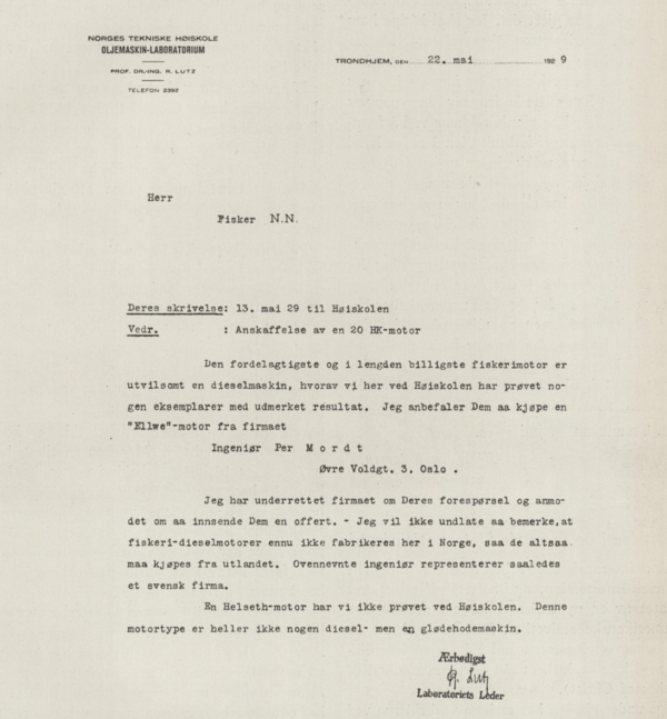 (1929) Lutz anbefaler dieselmotor fra Ellwe
