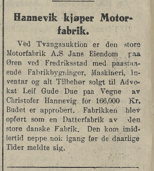 1921 - Motorfabrikken Jans konkursbo solgt