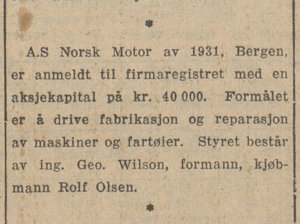 (1931) Norsk Motor av 1931 stiftet